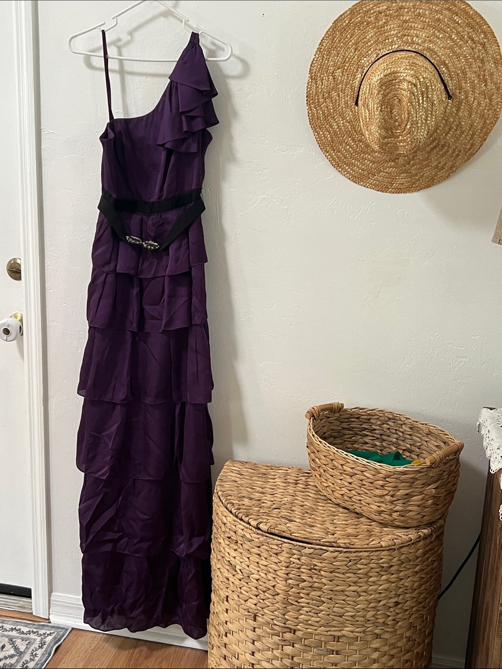 BCBGMaxAzria One-Shoulder Tiered Purple Gown with Black Waist Accent
